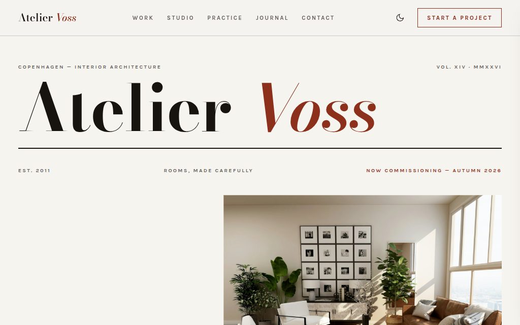 Opening screen of template 02 — Atelier Voss