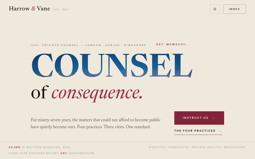 Opening screen of template 07 — Harrow & Vane