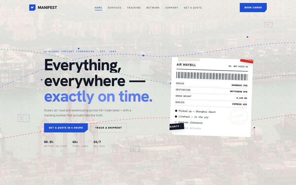 Opening screen of template 14 — Manifest
