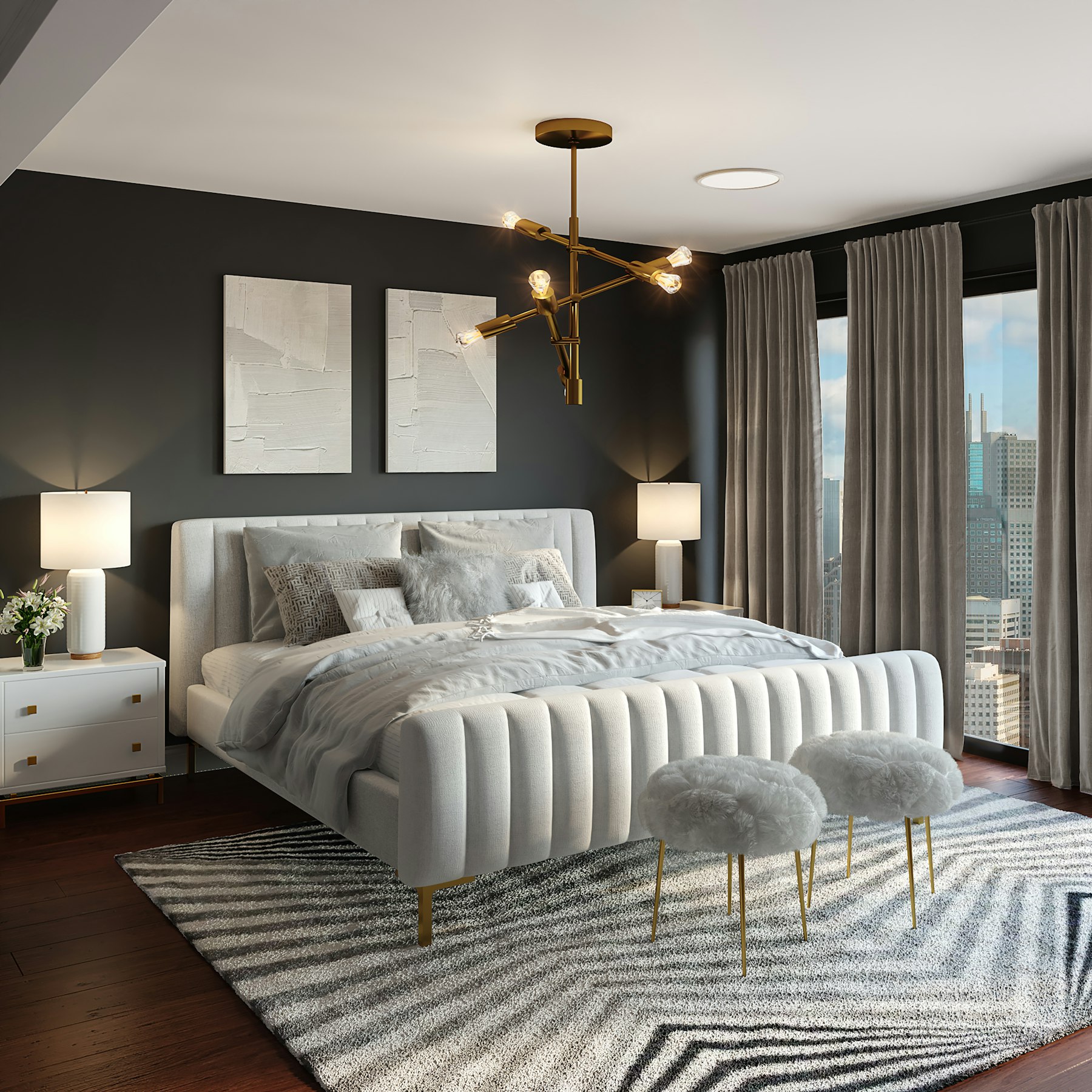 A bedroom in undyed linen and pale oak, morning light