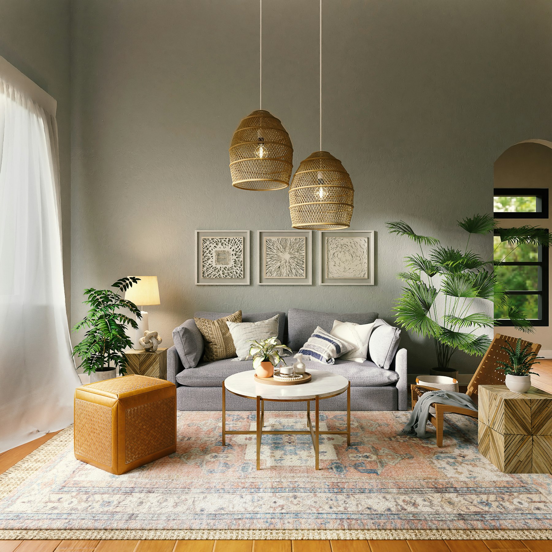 A furnished sitting room — rattan pendants and layered textiles