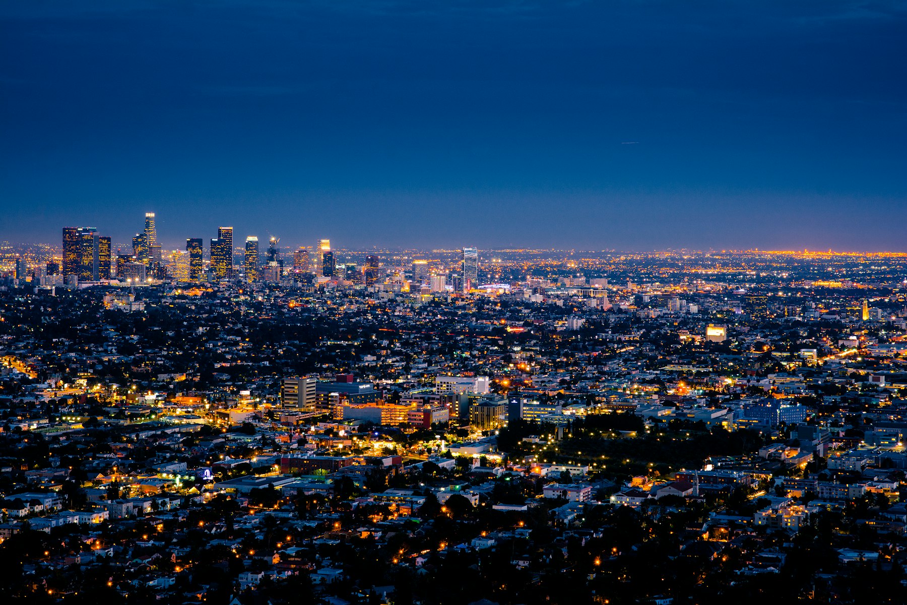 The city from penthouse height, at dusk