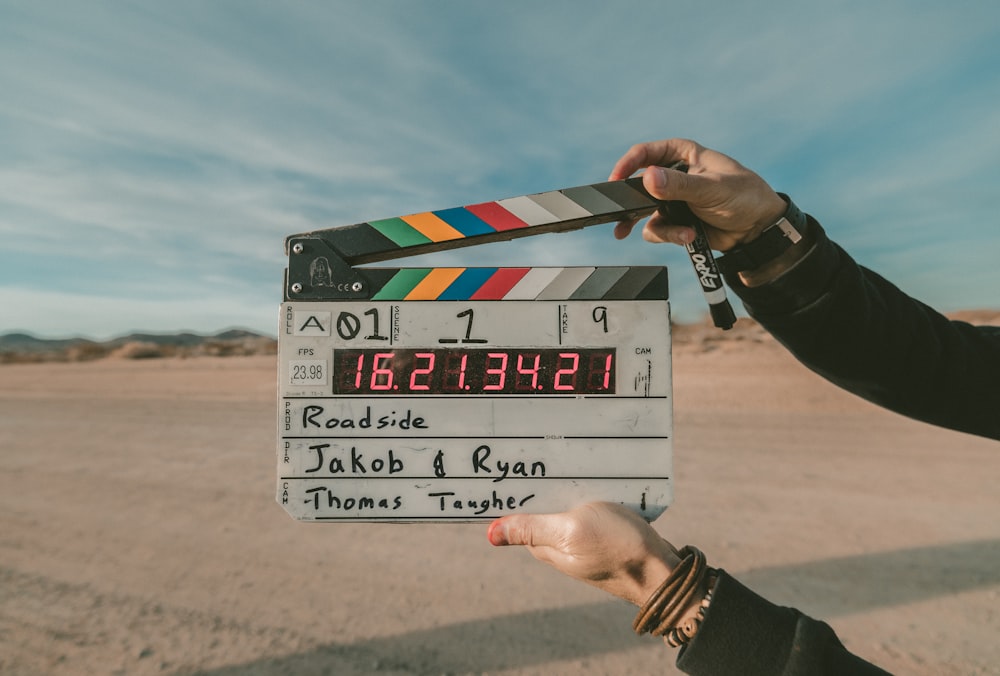 Clapperboard against desert light